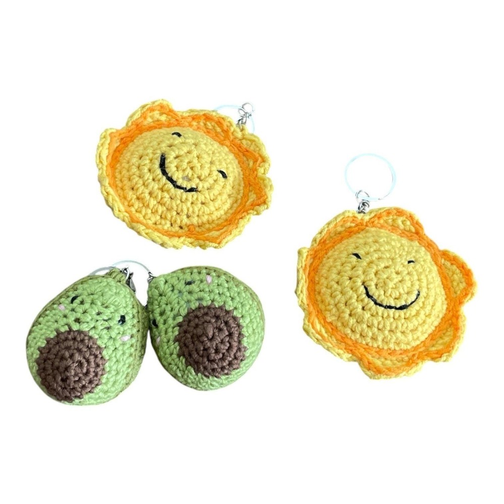 Handmade Lot of 4 Keychains Avocado Sun Bag Charms Keyring Accessories Crocheted